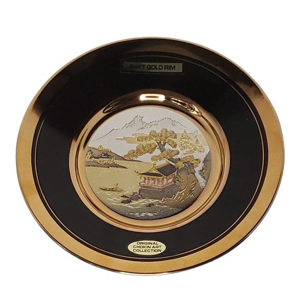 Elegant VTG Japan Chokin Art Miniature Pagoda Collector's Plate in Black & Gold - Picture 3 of 4